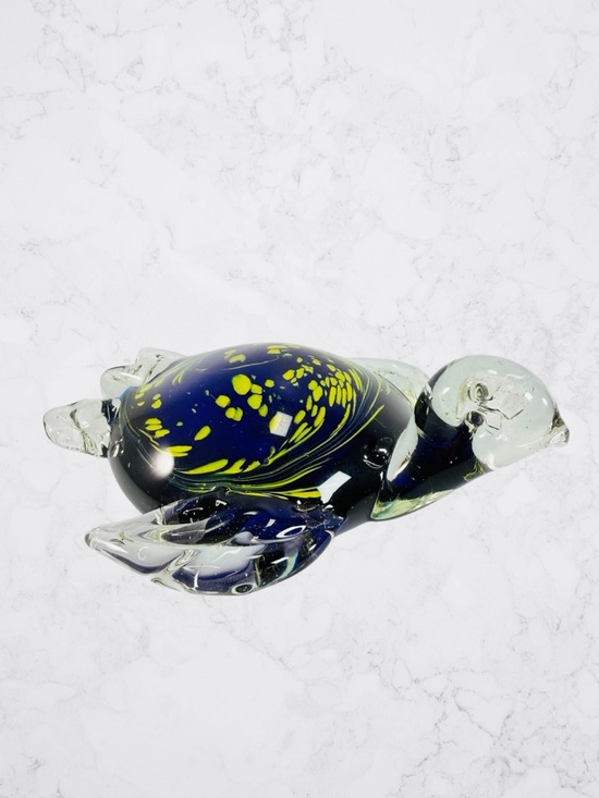 Other - Blown Art Glass Sea Turtle Ocean Sea Cobalt Blue Yellow Clear Large Paperweight